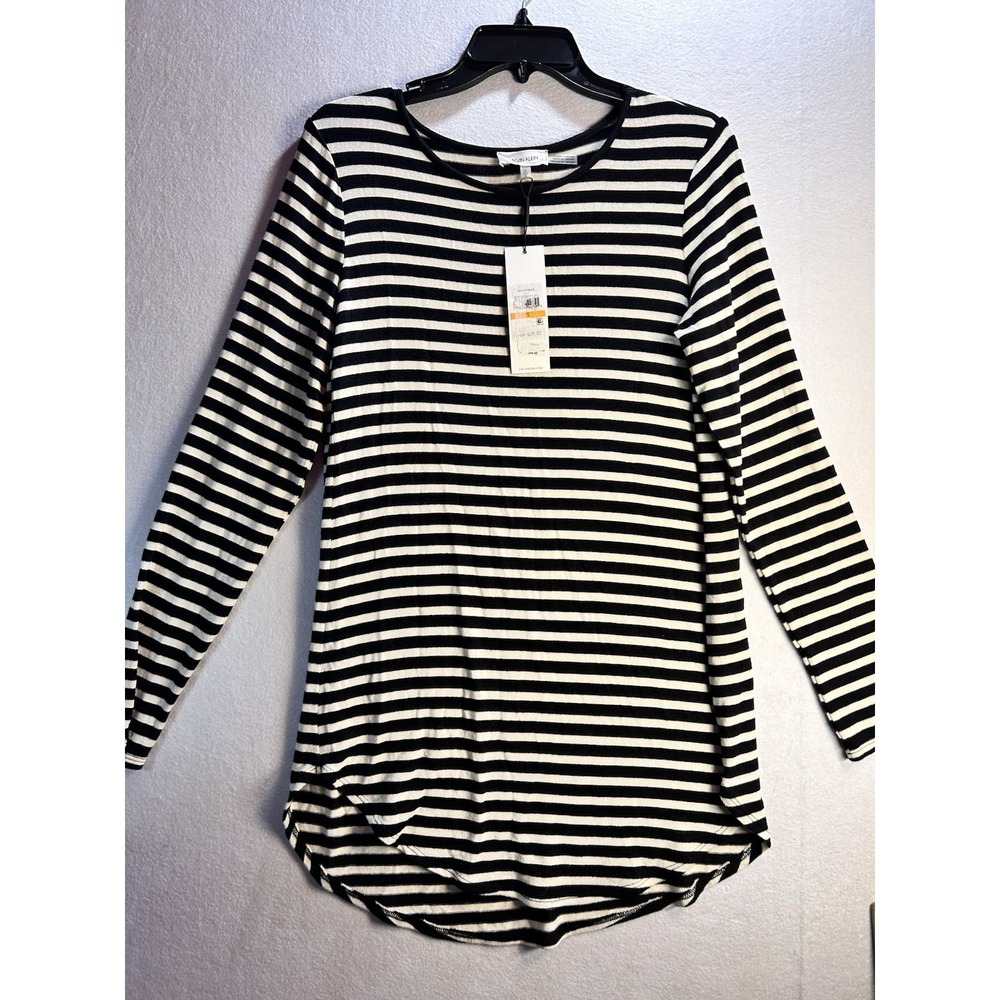 Calvin Klein Women's S Black/White Striped Knit Pulloverā Top Long Sleeve
